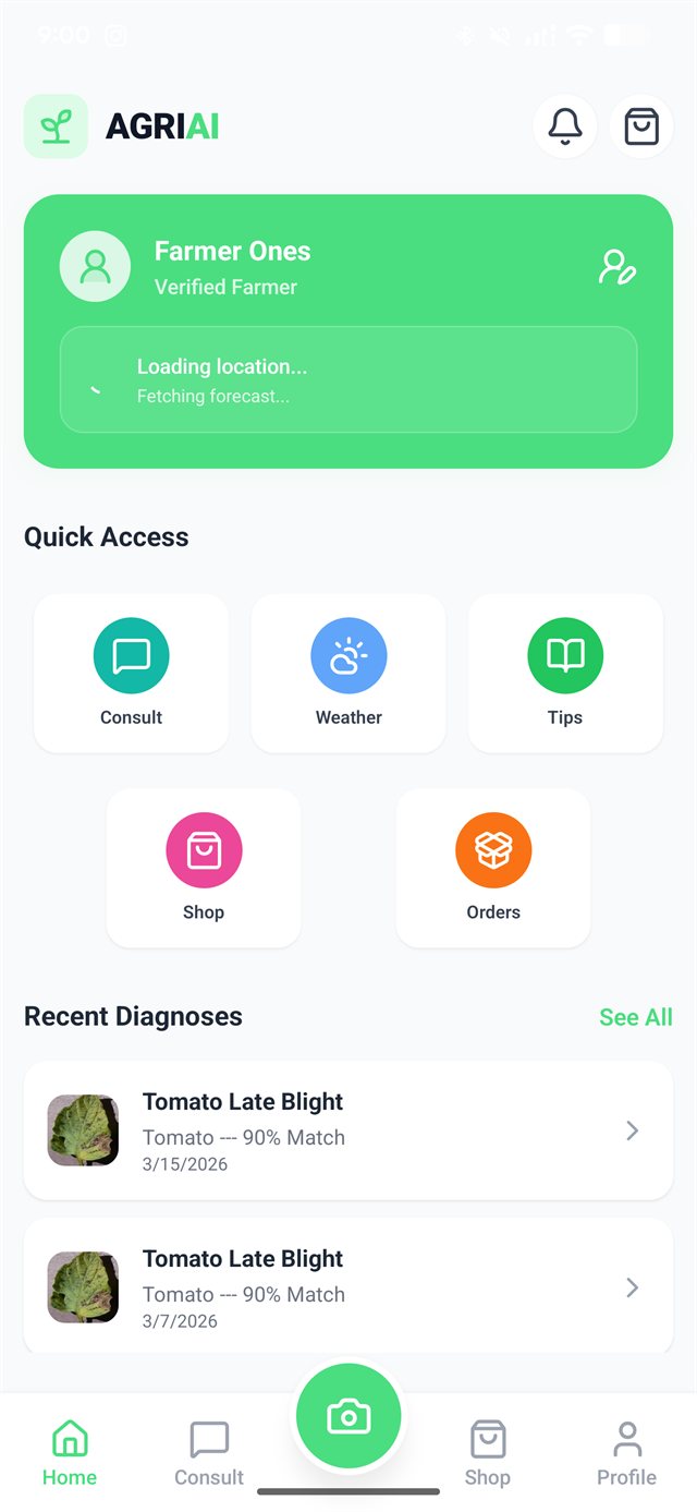 AgriAI Home screen with Quick Access and Recent Diagnoses
