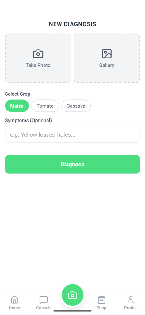 New Diagnosis screen with crop picker and camera