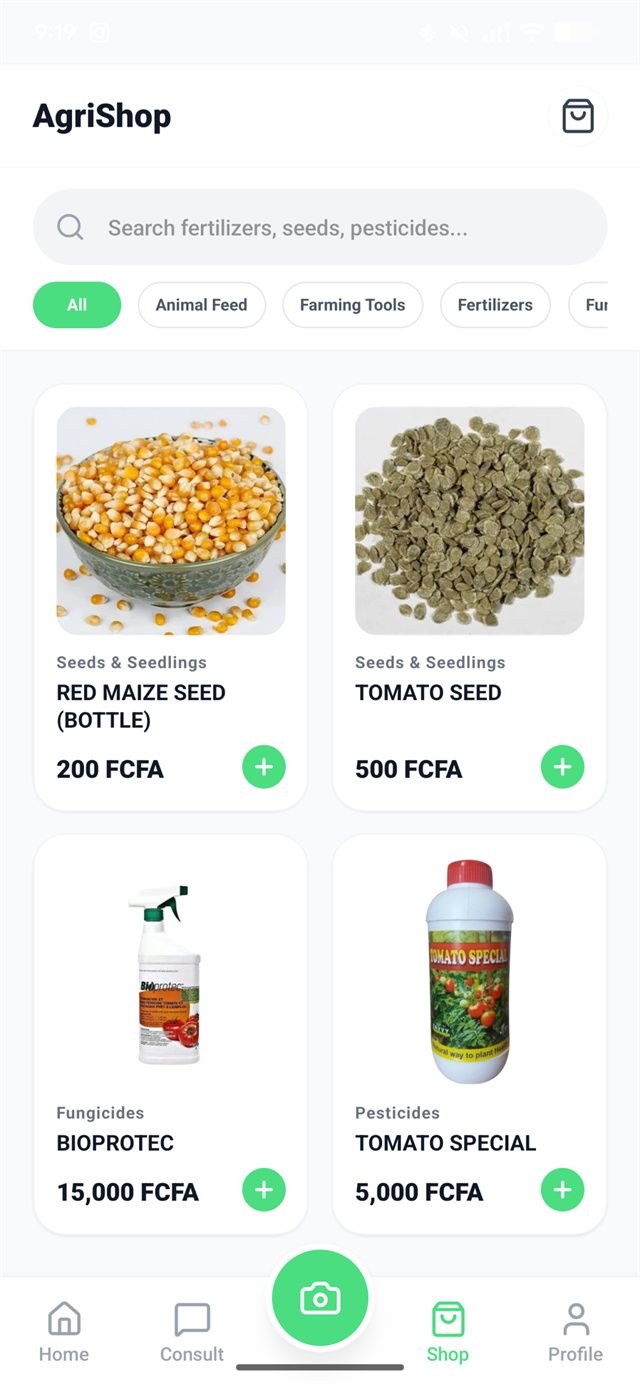AgriShop screen with seeds, fungicides and pesticides priced in FCFA